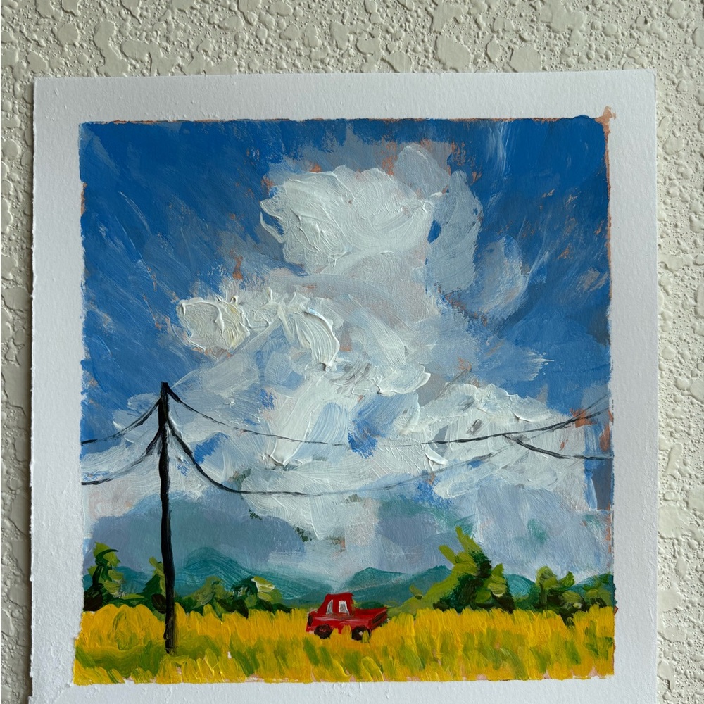 Scenic Landscape Painting with Red Truck